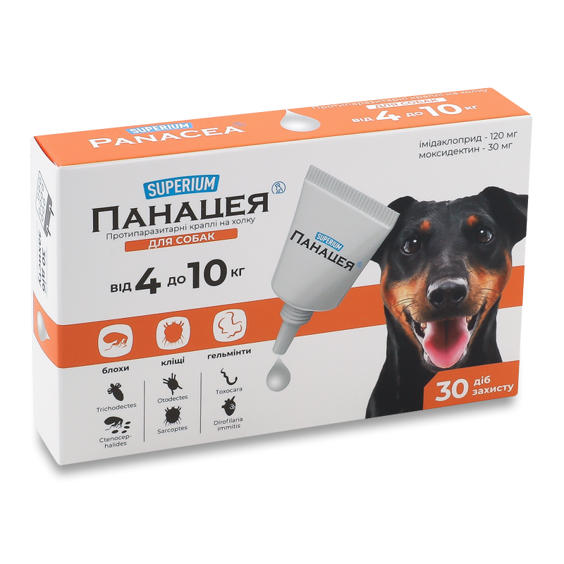 Краплі протипаразитарні д/собак від 4кг до 10кг Панацея 1мл Суперіум