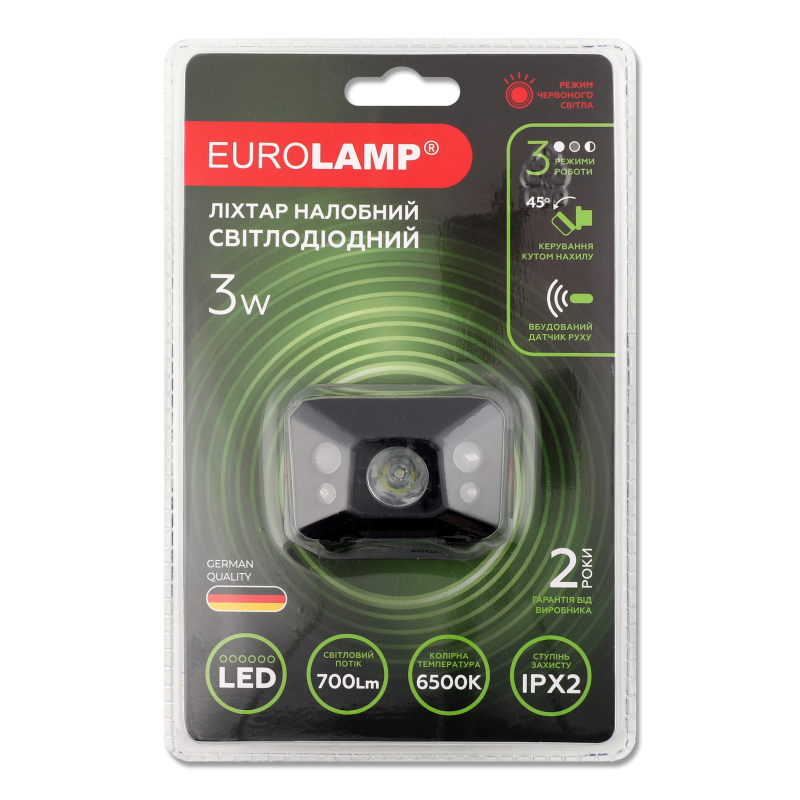 Ліхтар LED чорний налобний 3W 700lm 6500K 3ААА Eurolamp