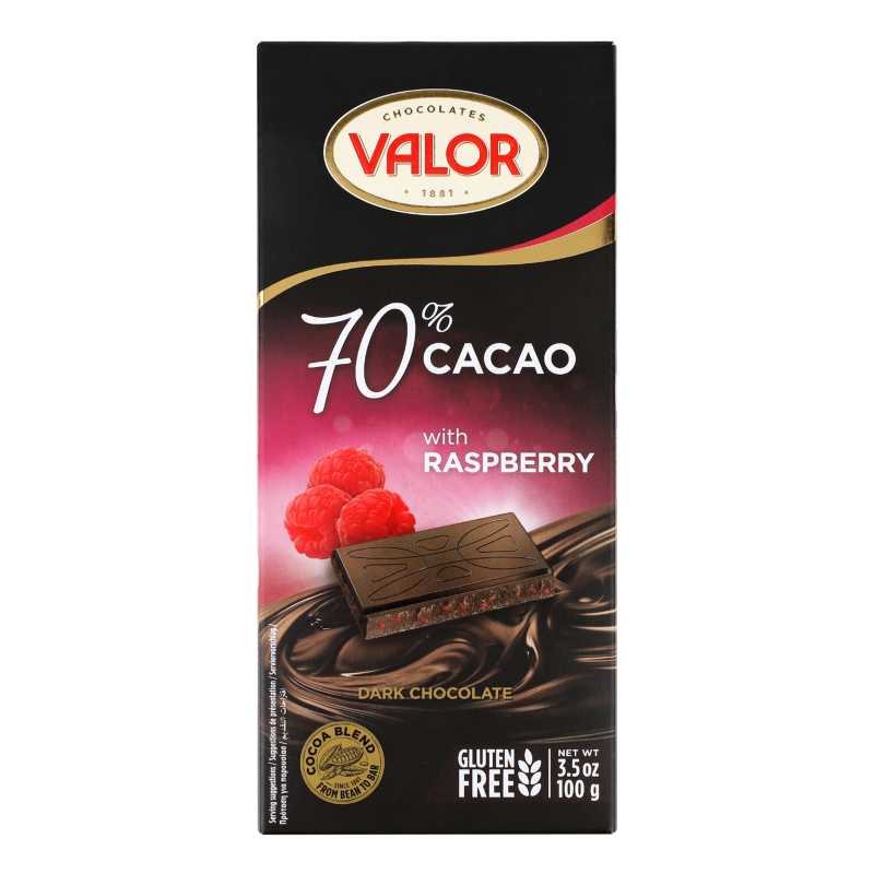 Шоколад 70% чорний зі шматочками малини Valor к/у