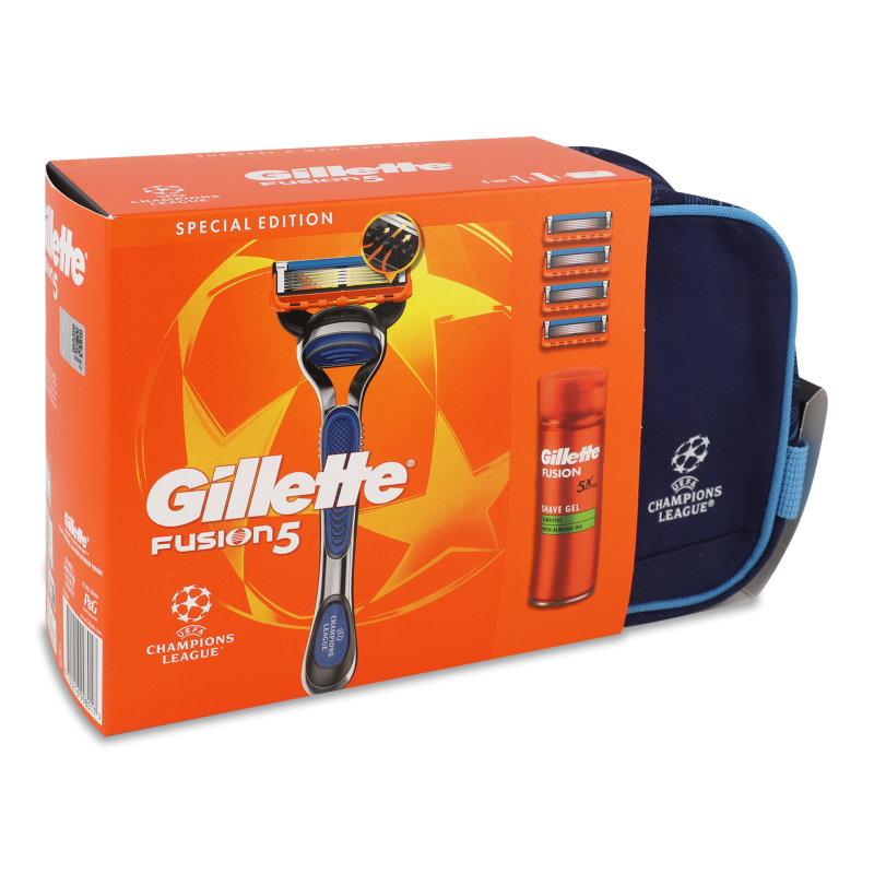 Набір Fusion5 Станок д/гоління 4картриджи+Гель д/гоління д/чутливої шкіри 200мл+Косметичка Gillette