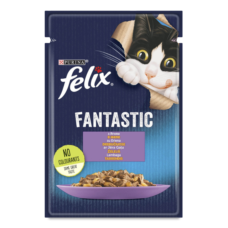 Корм д/дорослих котів Фантастік шматочки в желе з ягням 85г пауч Фелікс