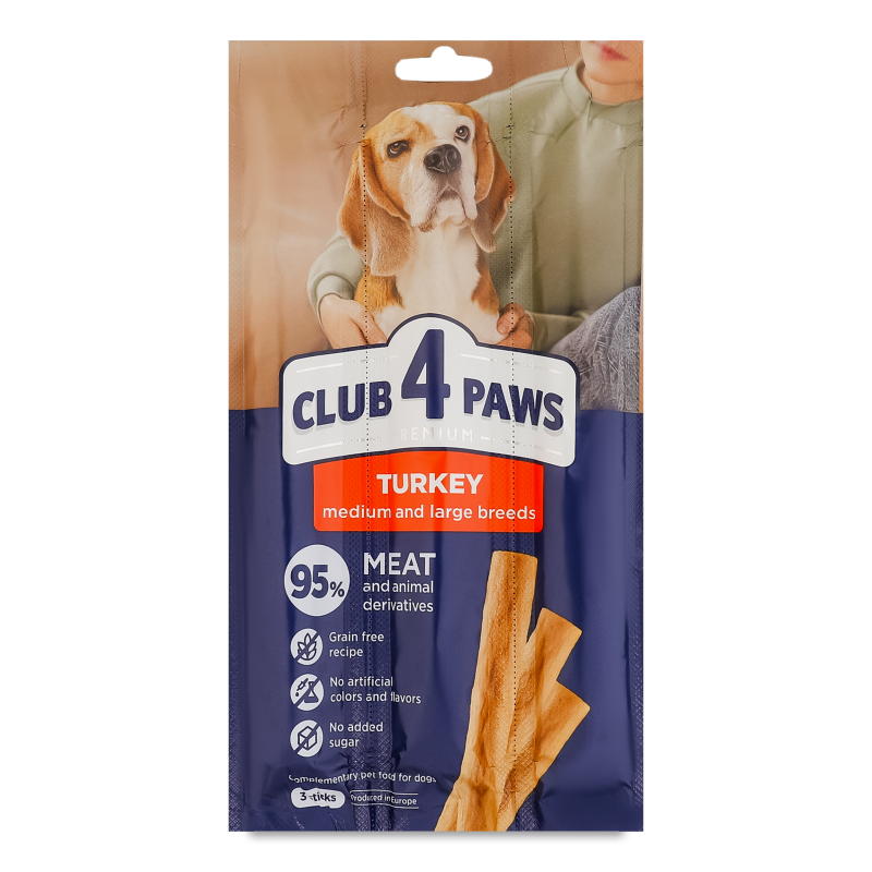 Ласощі д/середніх порід собак М’ясна паличка Premium з індичкою 3*12г Club 4 Paws