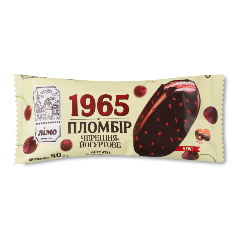 Морозиво Пломбір 1965 Черешня-йогуртове в шоколадній глазурі з кранчами вишні ескімо 80г Лімо