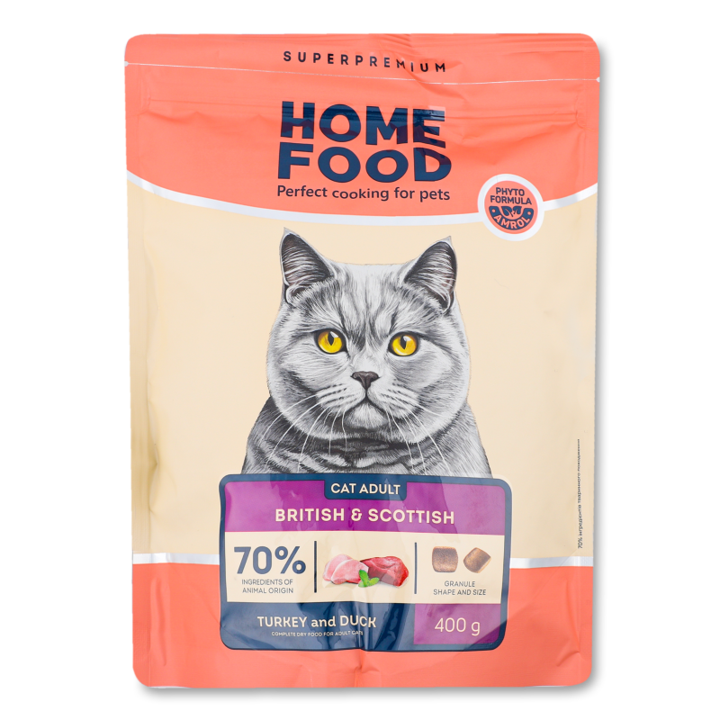 Корм д/дорослих котів британських та шотландських порід Індичка та качка сухий 400г Home Food