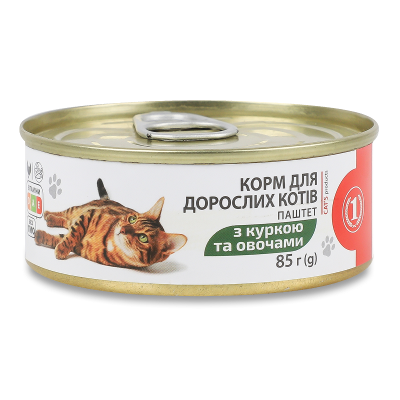 Корм д/дорослих котів Паштет з куркою та овочами 85г ж/б ТМ “1”