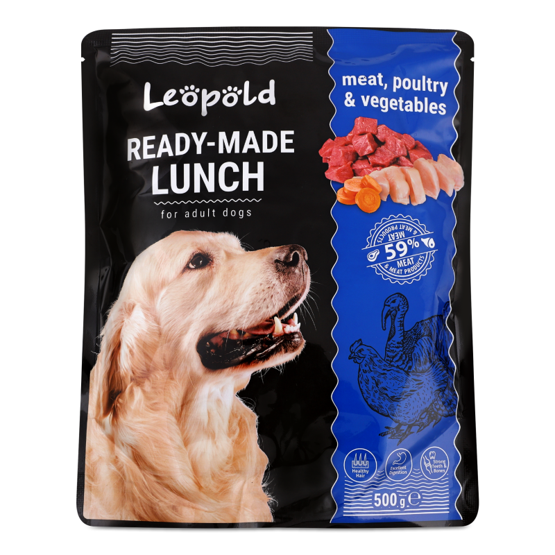 Корм д/собак Готовий обід з м”ясом птицею та овочами 500г пауч Леопольд