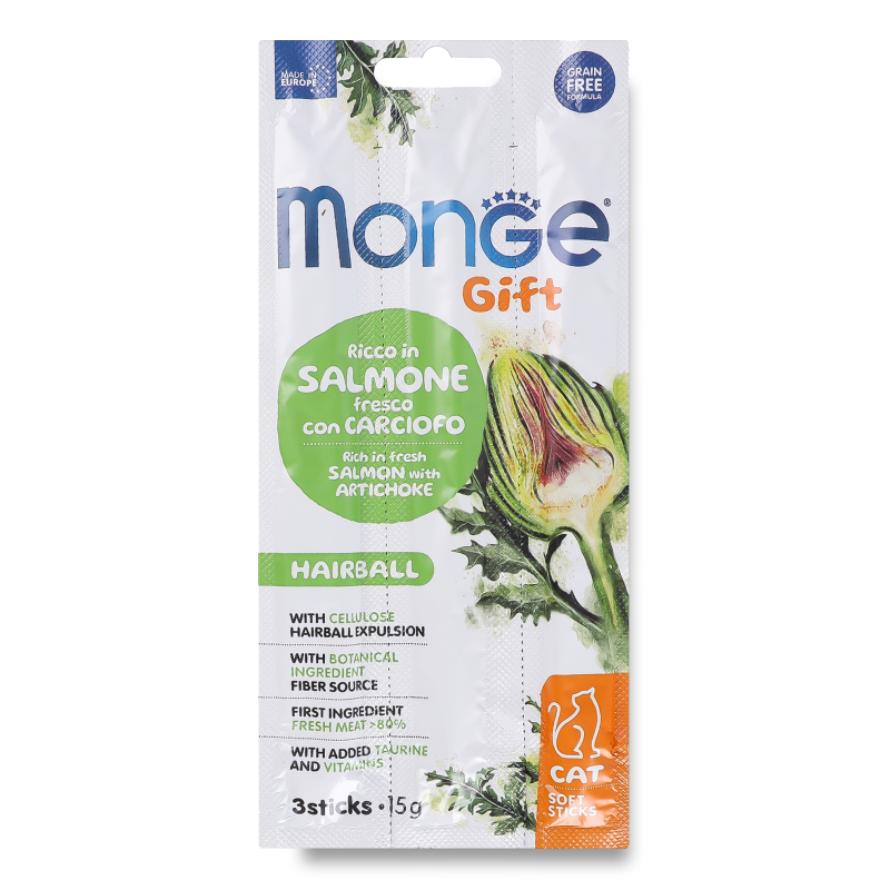 Ласощі д/котів Gift Hairball Сьомга та артишок 15г стік Monge