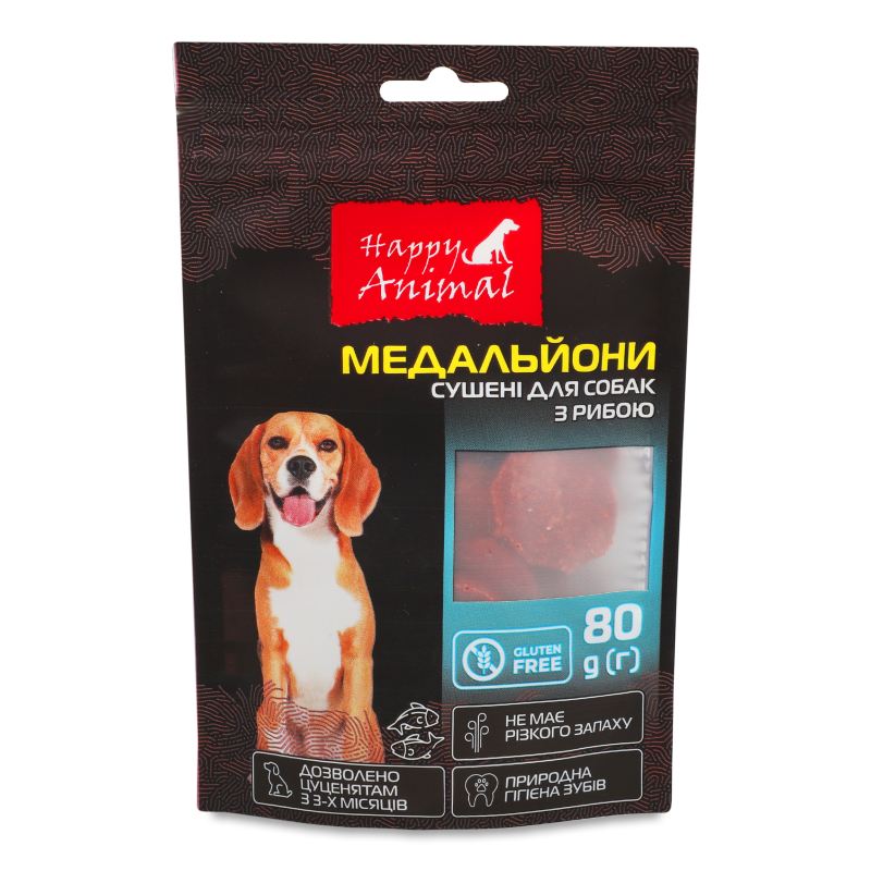 Ласощі д/собак Медальйони з рибою сушені 80г Happy Animal