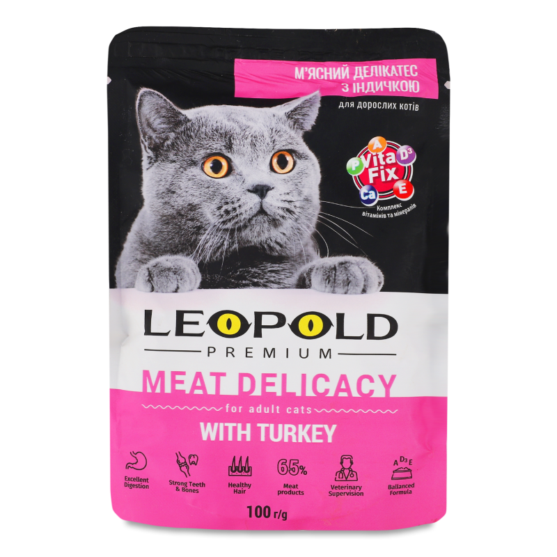 Корм д/котів М”ясний делікатес з м”ясом індички 100г пауч Леопольд