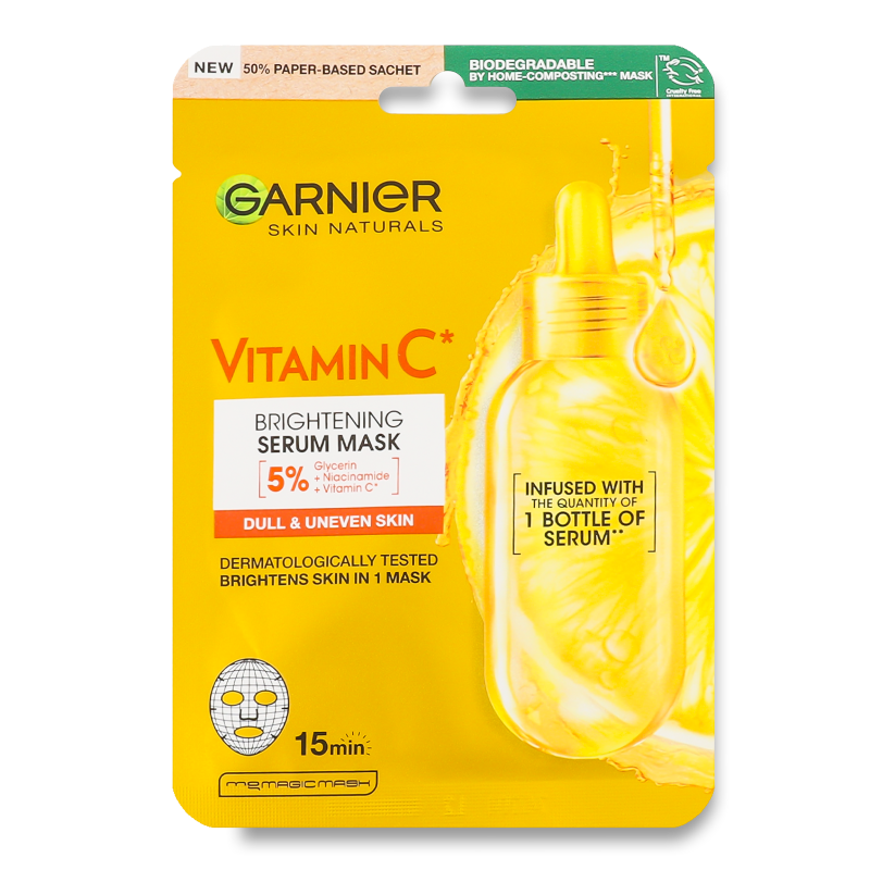 Маска д/обличчя Скін Нечралз з вітаміном С д/тьмяного та нерівномірного тону шкіри тканинна 28г Гарньє