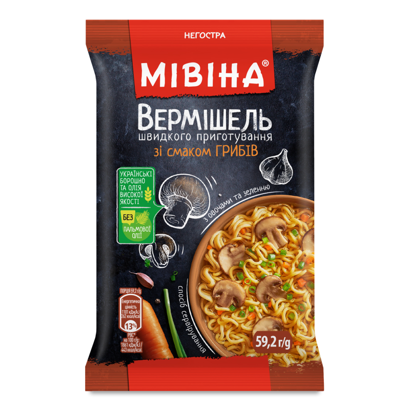 Вермішель швидкого приготування з смаком грибів негостра 59,2г Мівіна