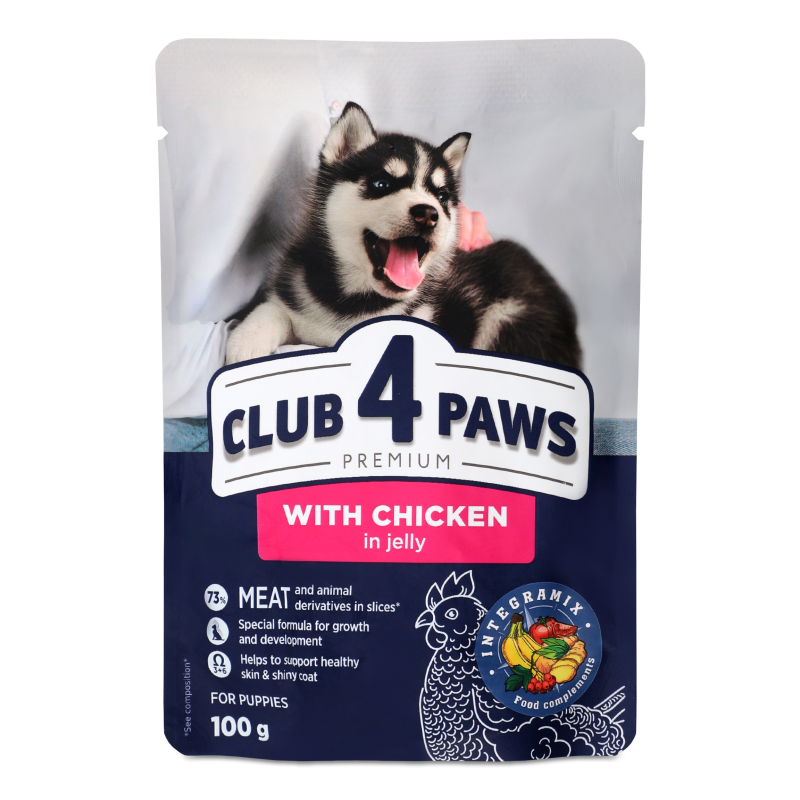 Корм д/цуценят Преміум з куркою в желе 100г пауч Клуб 4 лапи
