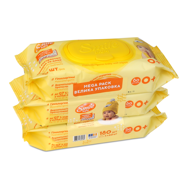 Серветки вологі дитячі з екстрактом ромашки та алоє 3*60шт Смайл