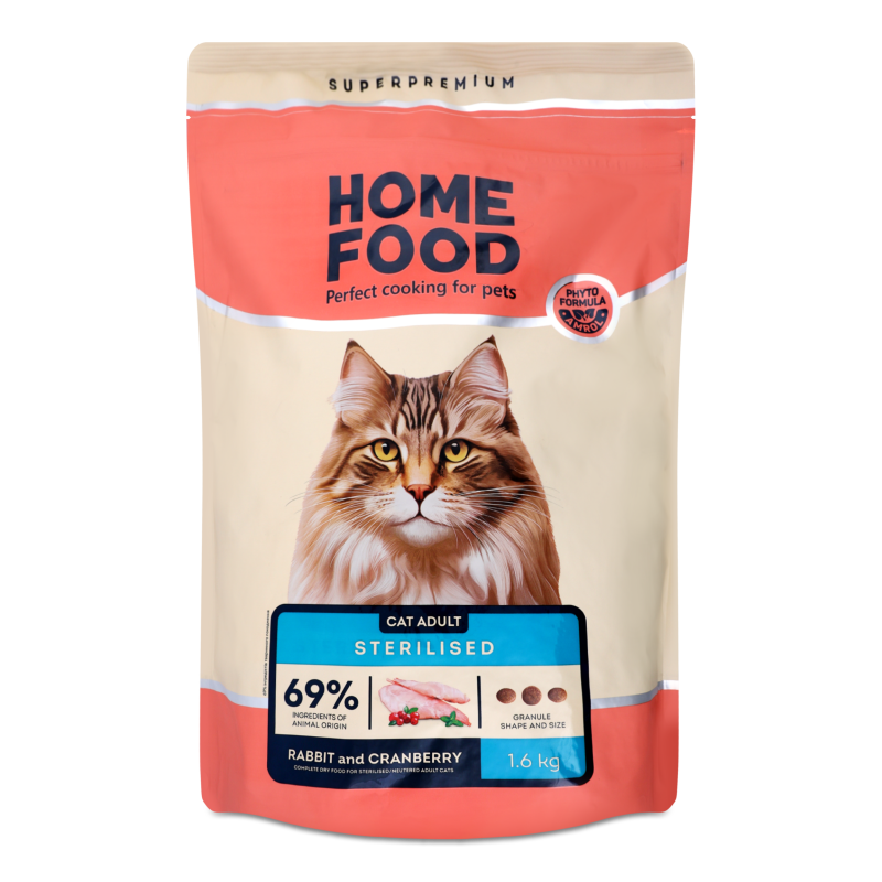 Корм д/дорослих стерилізованих котів Кролик та журавлина сухий 1,6кг Home Food