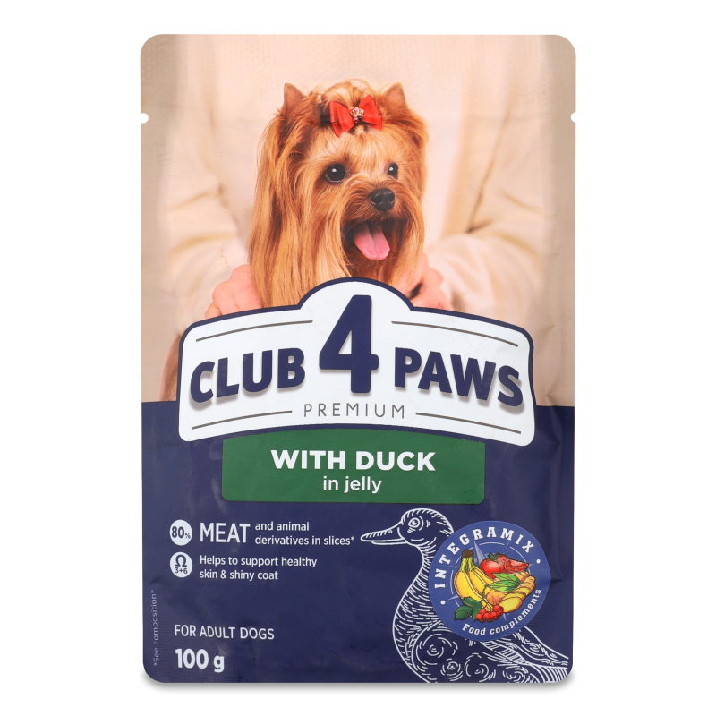 Корм д/дорослих собак мініатюрних та малих порід Premium з качкою в желе 100г пауч Club 4 Paws