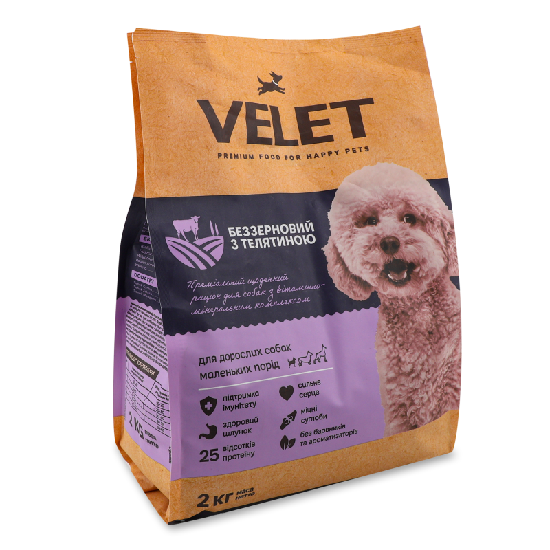 Корм д/дорослих собак малих порід Преміум беззерновий з телятиною сухий 2кг Velet