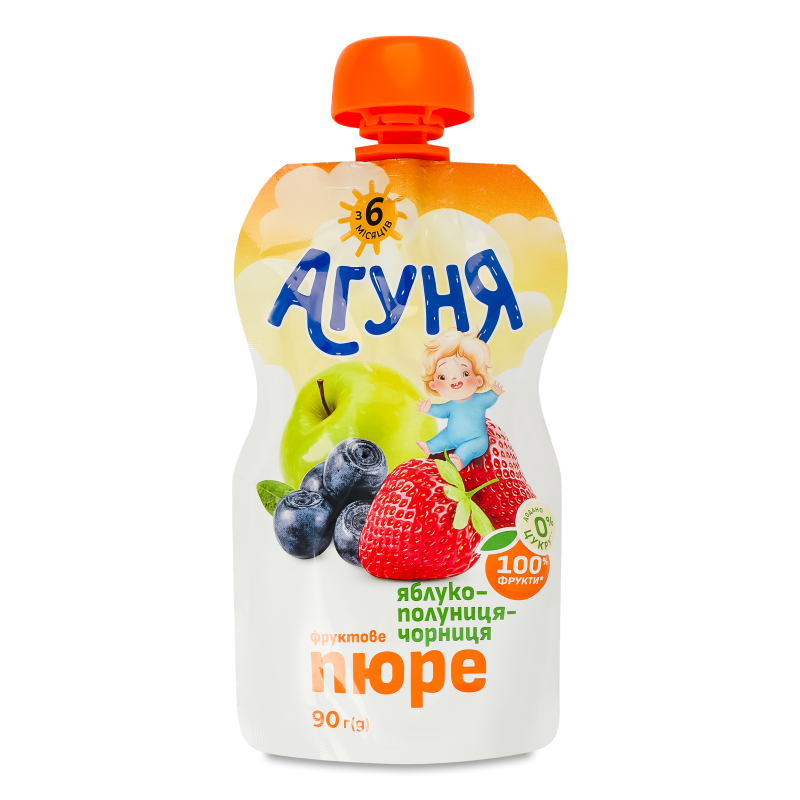 Пюре дитяче яблучно-полунично-чорничне від 6місяців 90г пауч Агуня