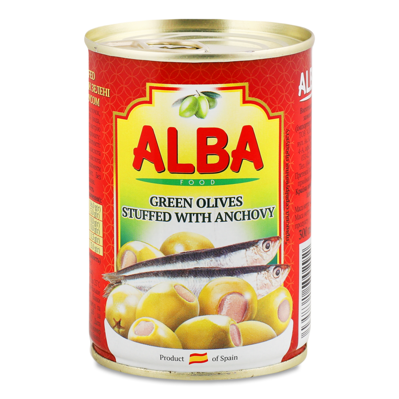 Оливки фаршировані анчоусом 300мл ж/б з ключем Alba Food