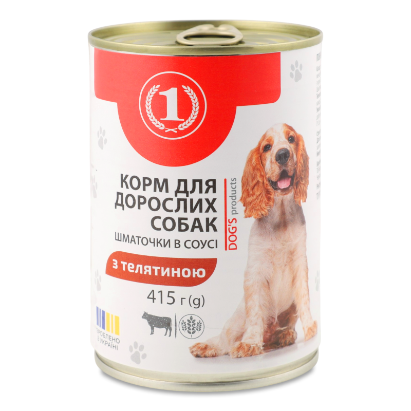 Корм д/дорослих собак Шматочки телятиною в соусі 415г ж/б ТМ “1”