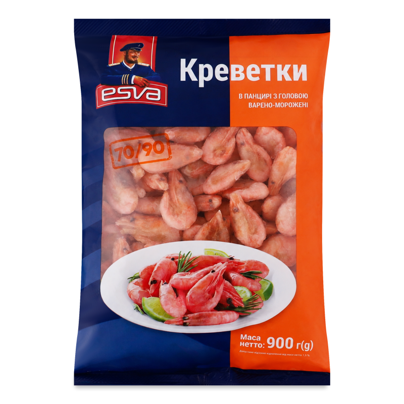 Креветки в/м в панцирі з головою 70/90 900г Esva