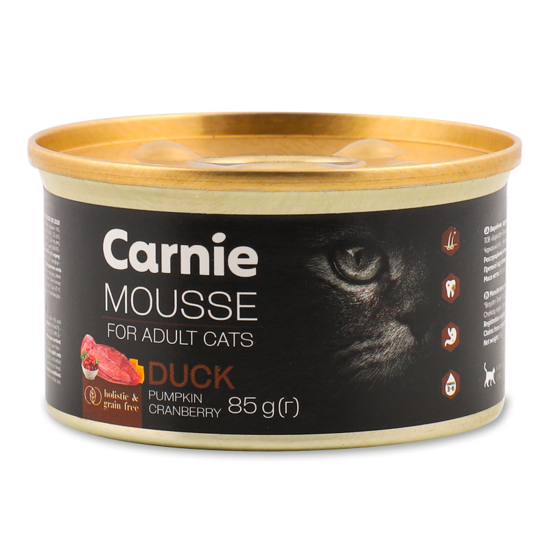 Корм д/дорослих котів Мус з качкою гарбузом журавлиною та желе 85г ж/б Carnie