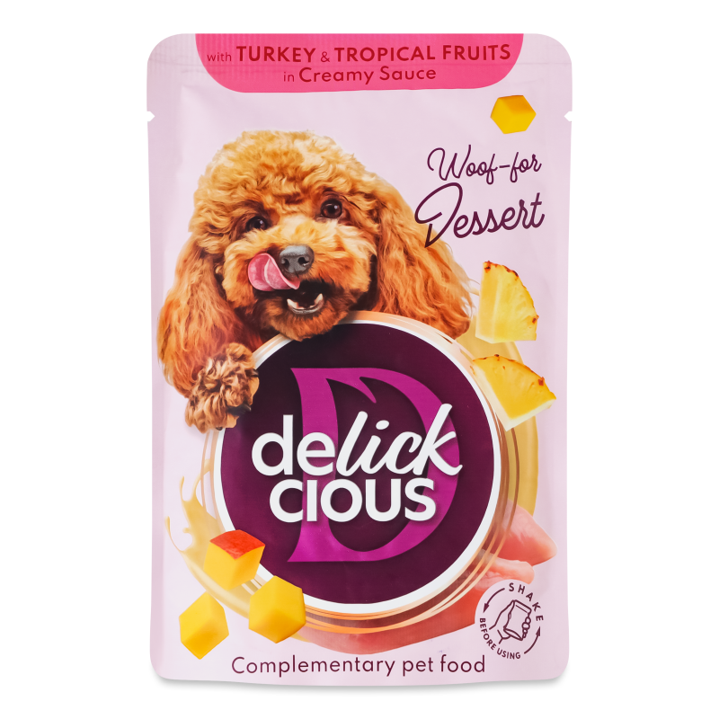 Корм д/дорослих собак Пластівці з індичкою та тропічними фруктами у вершковому соусі 80г пауч Delickcious