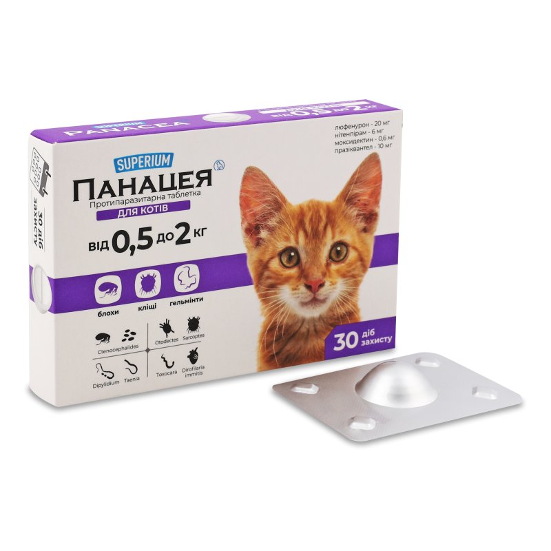 Таблетки протипаразитарні д/котів від 0,5кг до 2кг Панацея Суперіум