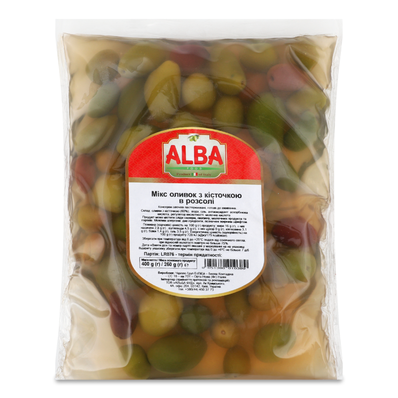 Мікс оливок з/к в розсолі 400г п/е Альба Фуд