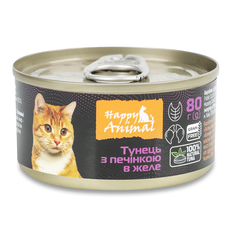 Корм д/дорослих котів та кошенят Тунець з печінкою в желе 80г ж/б Happy Animal