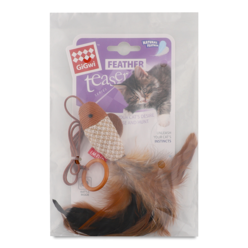Іграшка д/котів Дражнилка Teaser Рибка на палець з кільцем текстиль перо 7см GiGwi