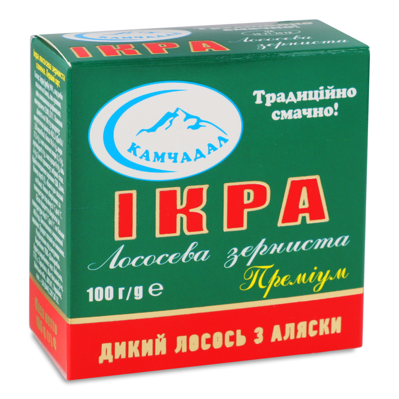 Ікра лососева Преміум зерниста 100г ж/б з ключем коробка Камчадал