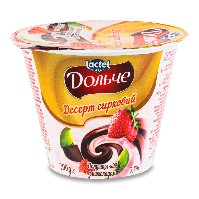 Десерт сирковий з наповнювачем Полуниця-ківі з шоколадом 3,4% 200г стакан Дольче