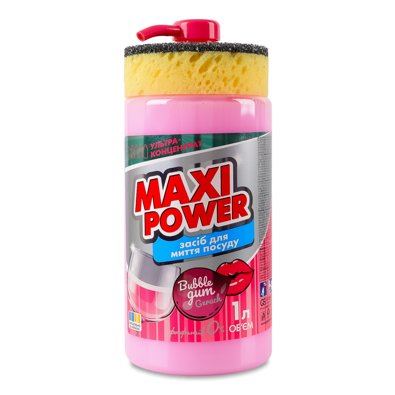 Засіб д/миття посуду Bubble gum 1000мл з дозатором Maxi Power