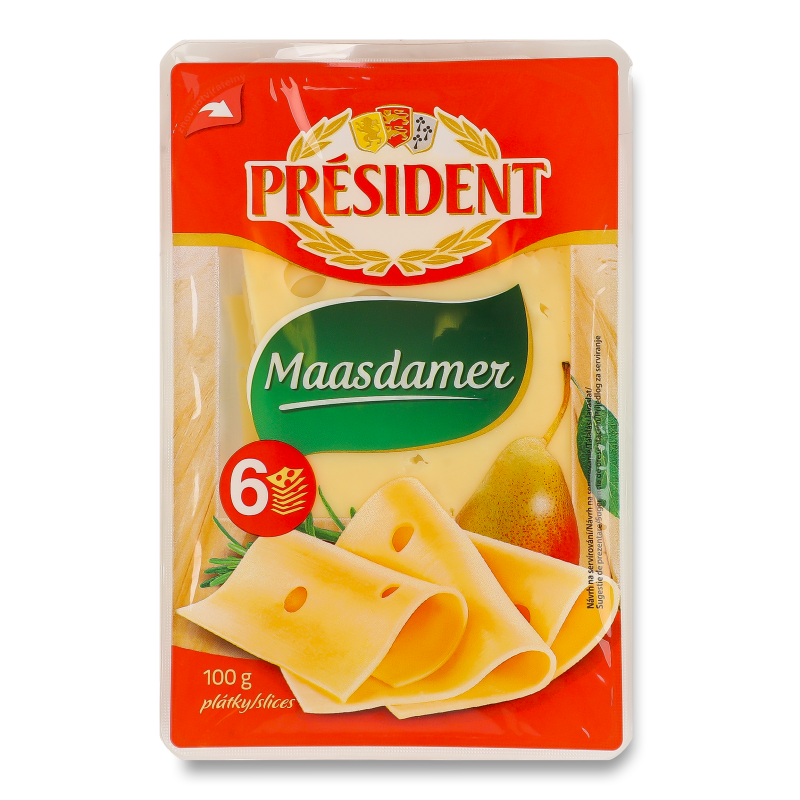 Сир Маасдамер 45% нарізка 100г газ/уп President