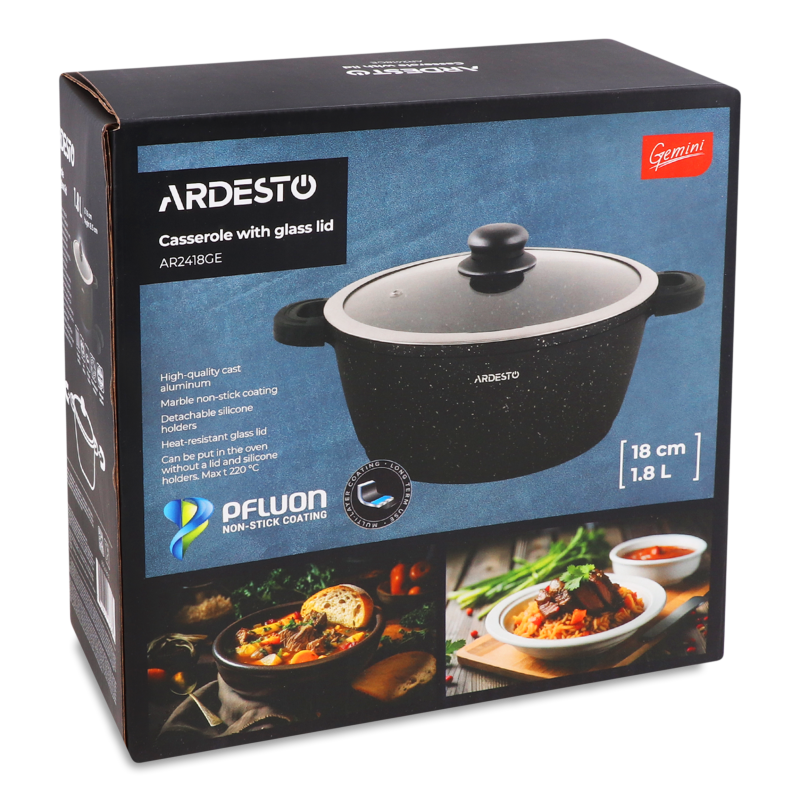 Каструля Gemini Anzio 1,8л чорний алюміній з скляною кришкою Ardesтo