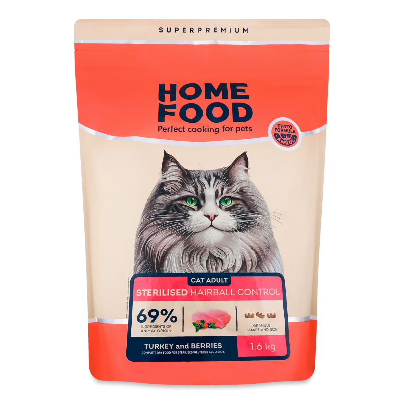 Корм д/дорослих стерилізованих котів Hairball Control Індичка та ягоди сухий 1,6кг Home Food