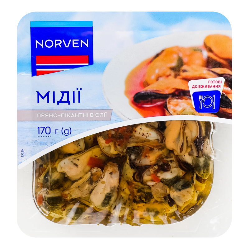Мидии пряно-пикантные в масле Norven лоток 170г Norven