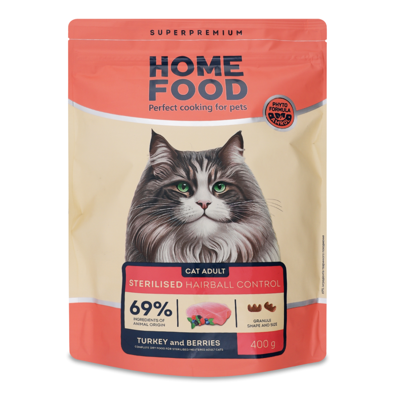 Корм д/дорослих стерилізованих котів Хеірбол Контрол сухий 400г Хоум Фуд