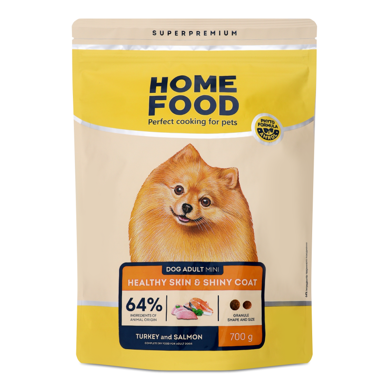 Корм д/дорослих собак малих порід Здорова шкіра та блиск шерсті Індичка та лосось сухий 700г Хоум Фуд
