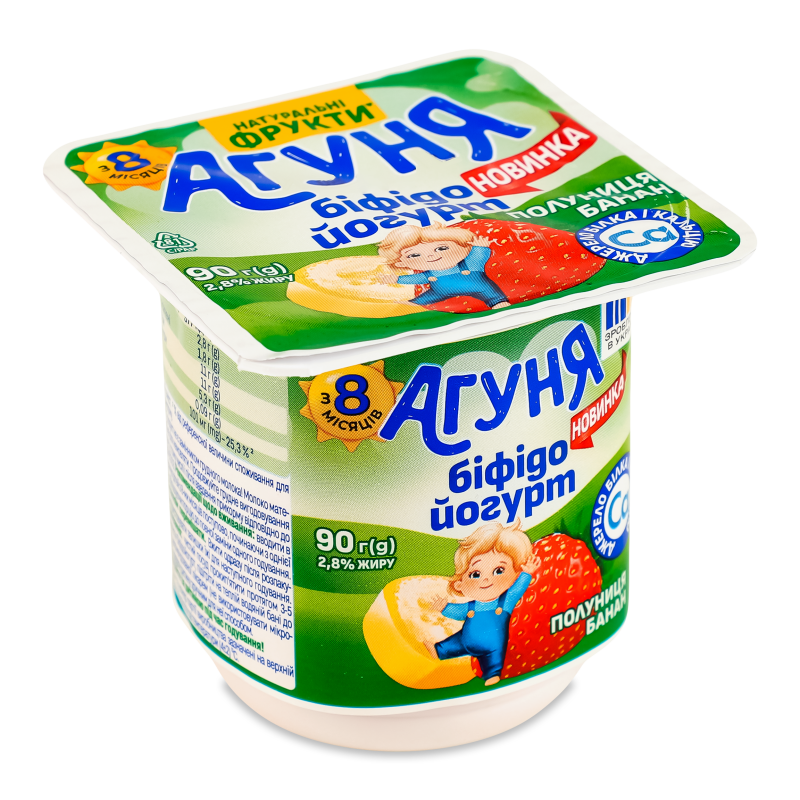Біфідойогурт д/харчування дітей з наповнювачем Полуниця-банан 2,8% від 8місяців 90г стакан Агуня