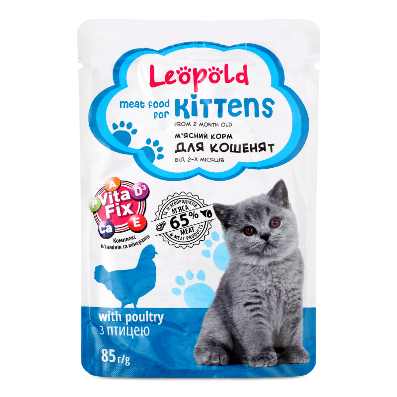 Корм д/кошенят м”ясний з птицею 85г пауч Леопольд
