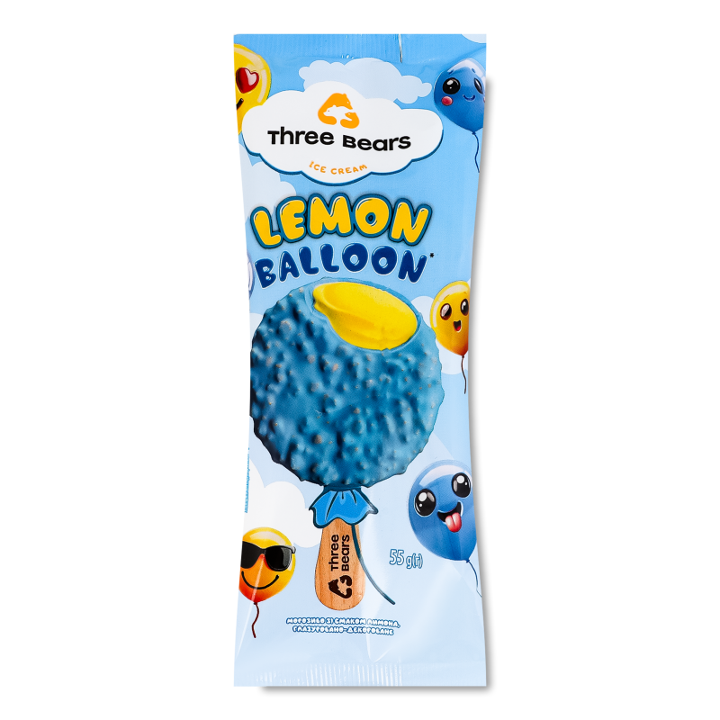 Морозиво Lemon balloon глазуровано-декороване ескімо 55г Three bears