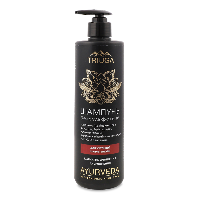 Шампунь безсульфатний аюрведичний Делікатне очищення та зміцнення д/чутливої шкіри голови 500мл з дозатором Триюга