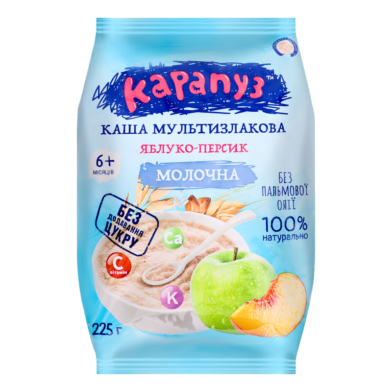 Каша молочна мультизлакова для дітей від 6міс Яблуко-персик Карапуз м/у
