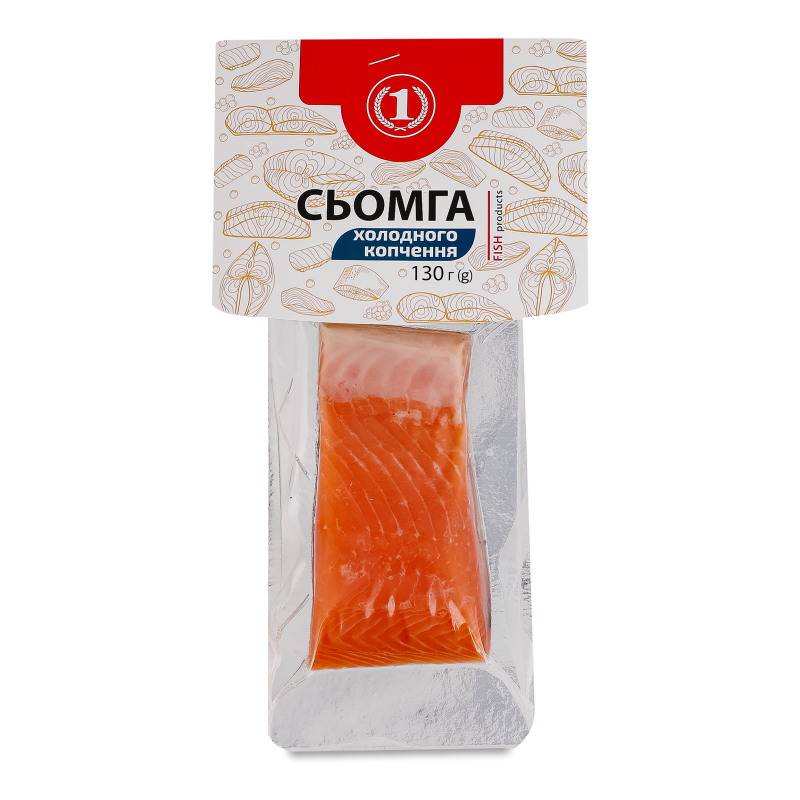 Сьомга філе-шматок х/к на шкірі 130г в/у ТМ “1”