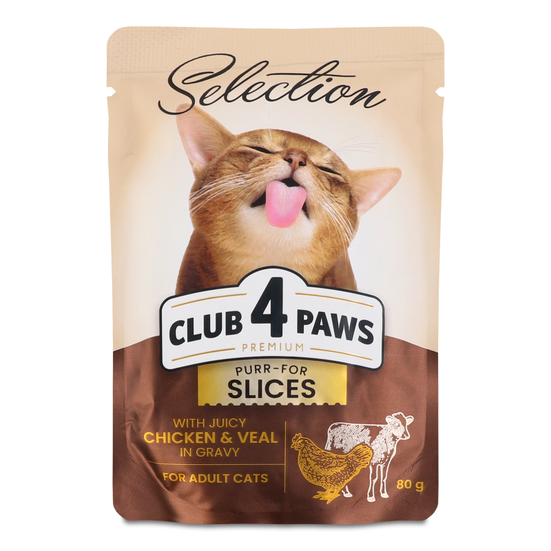 Корм д/дорослих котів Преміум Селекшн шматочки з куркою та телятиною в желе 80г пауч Клуб 4 лапи