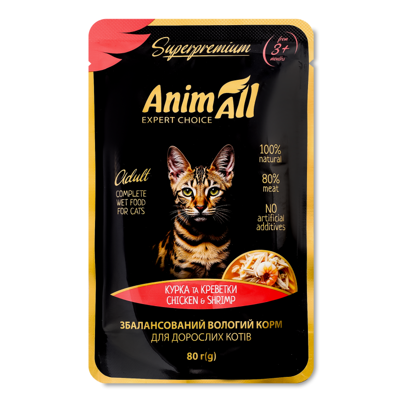 Корм д/дорослих котів Курка з креветками 80г пауч AnimAll