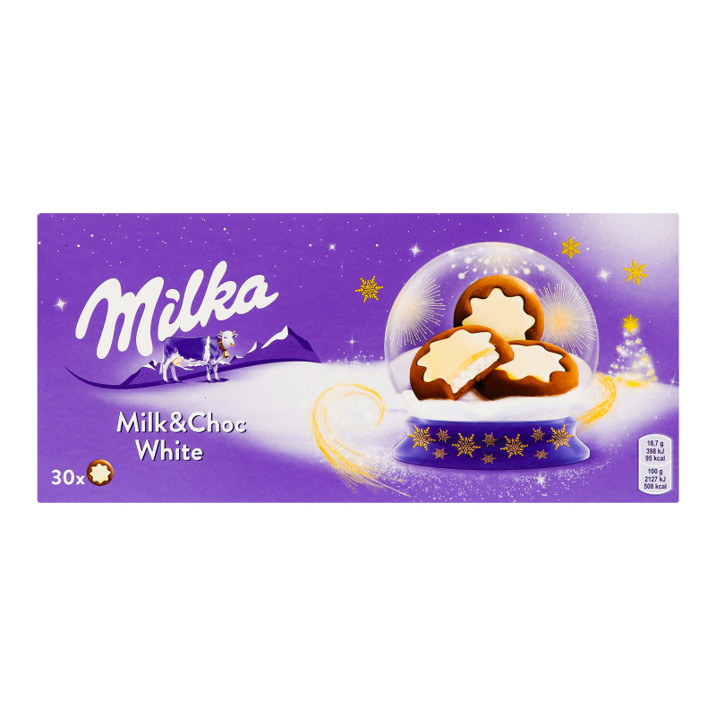 Печенье с молочной начинкой и какао частично покрытое белым