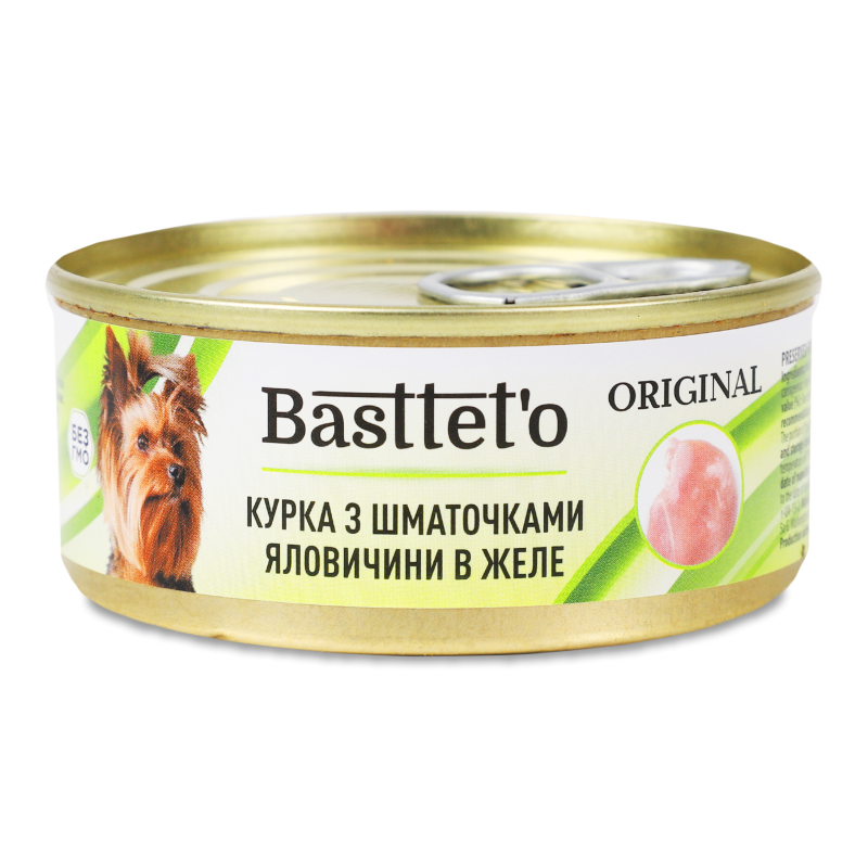 Корм д/собак Курка з шматочками яловичини в желе 85г ж/б Басттет”о