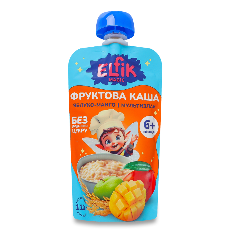 Каша фруктова Яблуко манго та мультизлак від 6місяців 110г пауч Elfik Magic